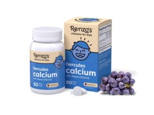 Renzo's Hercules Calcium Supplement with Vitamin D3 & K2 - Dissolvable - For Ages 2+ - Kids Vitamins - 60 Grape-Flavored Melty Tabs